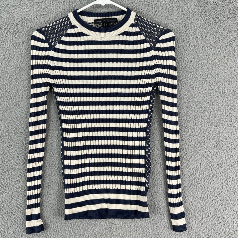 Marc by Marc Jacobs Sweater Womens S Navy Blue Striped Ribbed Pointelle M4001898